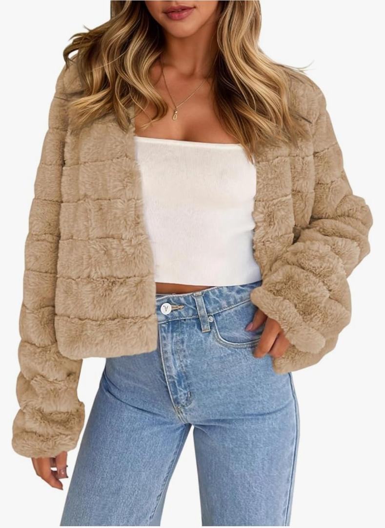 Fisoew Womens Cropped Faux Fur Jackets Long Sleeve Open Front Fluffy Short Coats, Medium