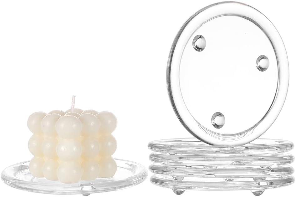 BENECREAT 6Pcs Clear Glass Candle Plates, 5.1 inch Flat Round Glass Candle Holders Tray Plates Holder for Candle Decoration, Dinning Wedding Party Table Centerpiece