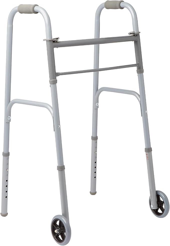 Medline Two-Button Folding Walker for Seniors, 5" Wheels, 32.5" to 39.5" Height, 400-lb. Capacity