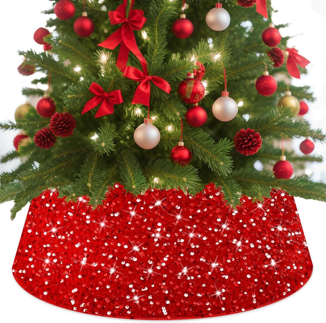 28 Inch Christmas Tree Collar Red Sequin Christmas Tree Collars with Embroidered Velvet Xmas Tree Ring Rustic Vintage Christmas Tree Skirt Luxury Tree Base Cover for Christmas Holiday Decor