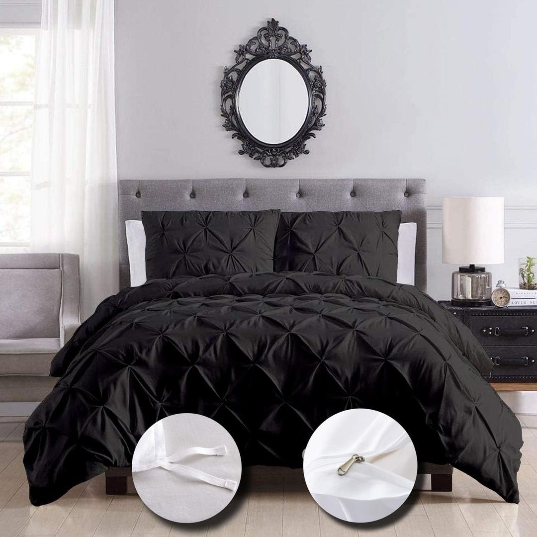 eBeddy Linens Luxury Egyptian Cotton Super King Plus 120x120 Size Pinch Pleated Pintuck Duvet Cover Set with Zipper Closure & 7 Corner Ties Soft Cozy Bedding Duvet Cover Set, Durable Stitch, Black