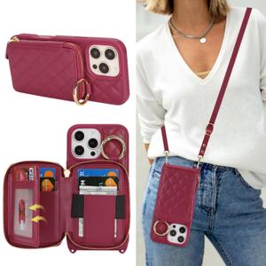 for iPhone 16 Pro Max Case Wallet with Card Holder for Women,for iPhone 16 Pro Max Phone case Wallet with Strap Credit Card Slots Crossbody with Kickstand Zipper Case-Dark red