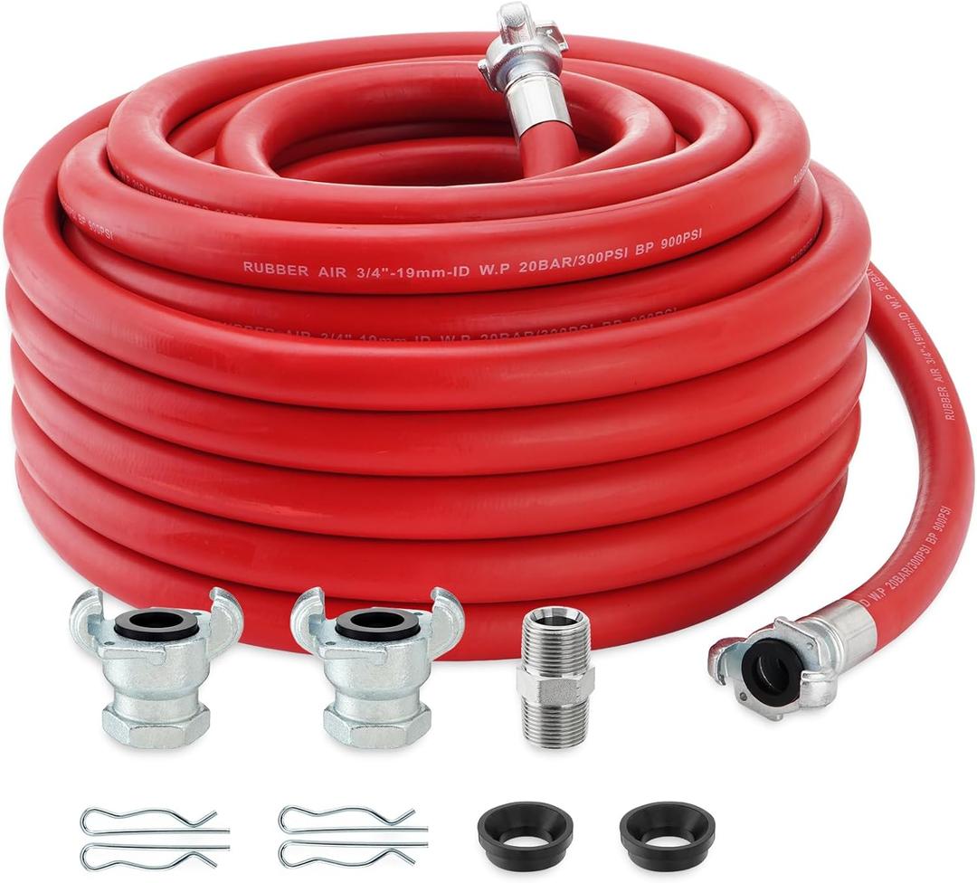 3/4 Inch x 100 FT Red Jackhammer Air Hose with Male NPT Nipple and Female NPT Air Hose Fitting, 3/4 Inch Rubber Pneumatic Hose Assembly for Jack Hammers, Air Tools
