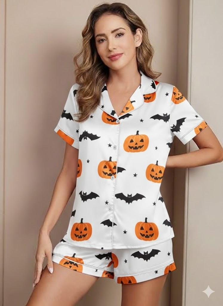 VILOVE Halloween Pajamas Women Silk Satin Halloween Pjs Set Button Down 2 Piece Pajama Shorts Set Casual Notch Collar (XX-Large, White)