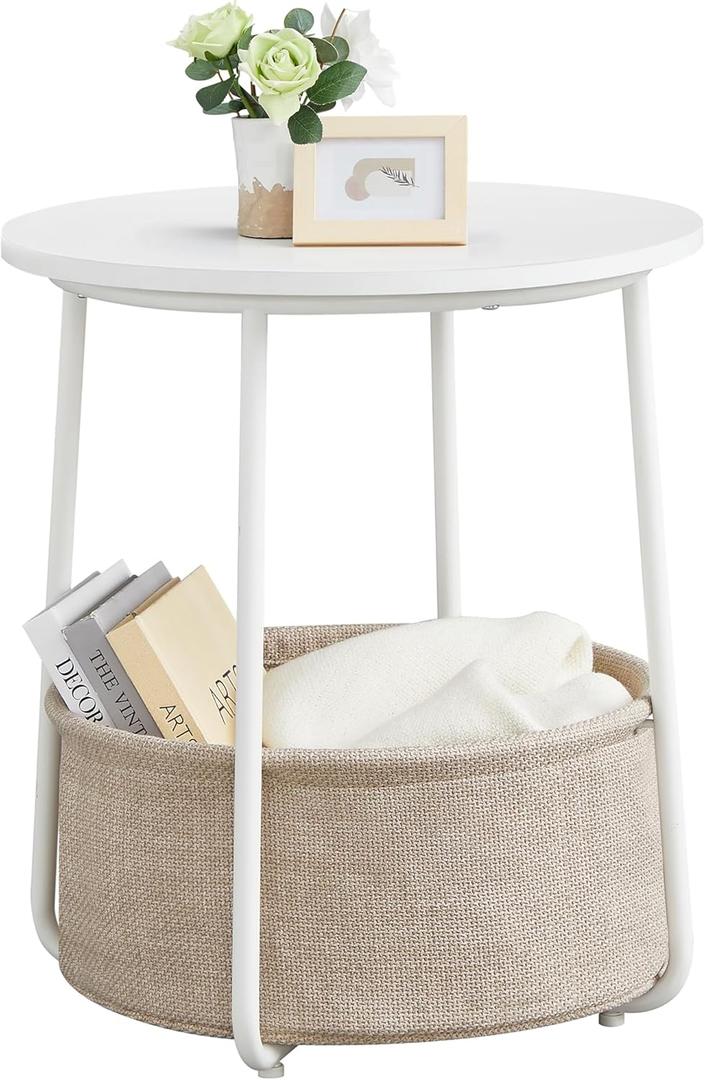 VASAGLE LILEA Collection - Small Round Side End Table, Modern Nightstand with Fabric Basket, Matte White and Camel Brown ULET223W10