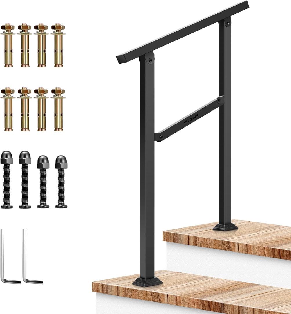 VIVOSUN Outdoor Handrail, 2 Step Stair Handrail, 26"  36" Fits 1 to 2 Steps, Wrought Mattle Iron Handrail for Concrete Steps, Porch Steps, One-Step Assembly, Black