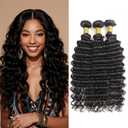 Deep Wave Human Hair Bundles 1B Natural Black 20 22 24 Inch 12A Brazilian Virgin Remy Hair Extensions 3 Bundles Full Curly Weave for Black Women