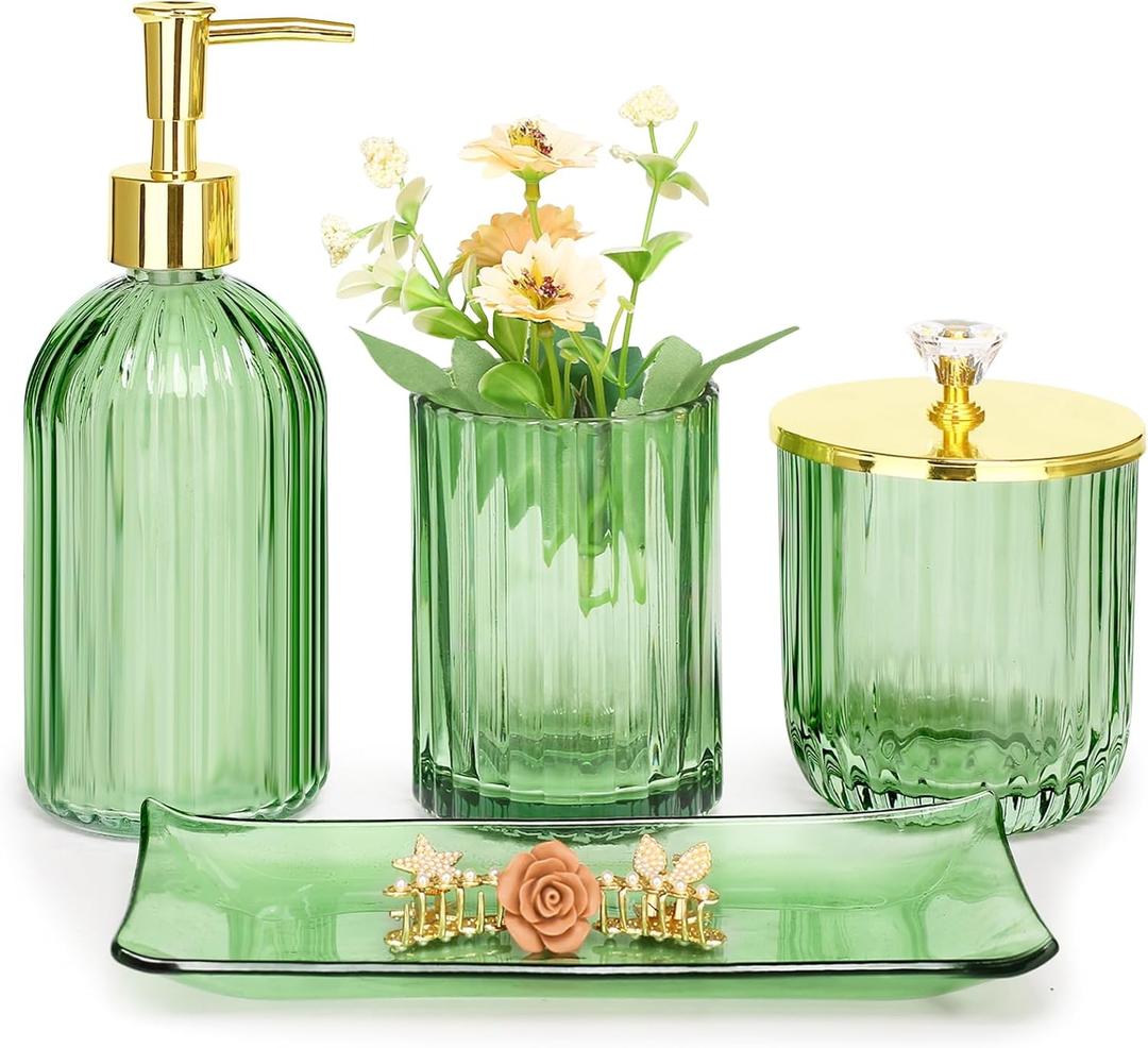 Haturi Bathroom Accessories Set, 4 Pcs Green Glass Bathroom Accessory Set Complete w/Lotion Soap Dispenser, Toothbrush Holder, Qtip Holder, Vanity Tray, Gold Bathroom Decor, Gift for Home Apartment