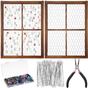 Chunful 2 Pack Chicken Wire Wood Frame Suncatcher with 1300 Rainbow Glass Beads Unfinished Wooden Frames for Crafts Photo Jewelry Window Hanging Decor Home Gift, Outer 16 x 12 INES(Coffee Brown)