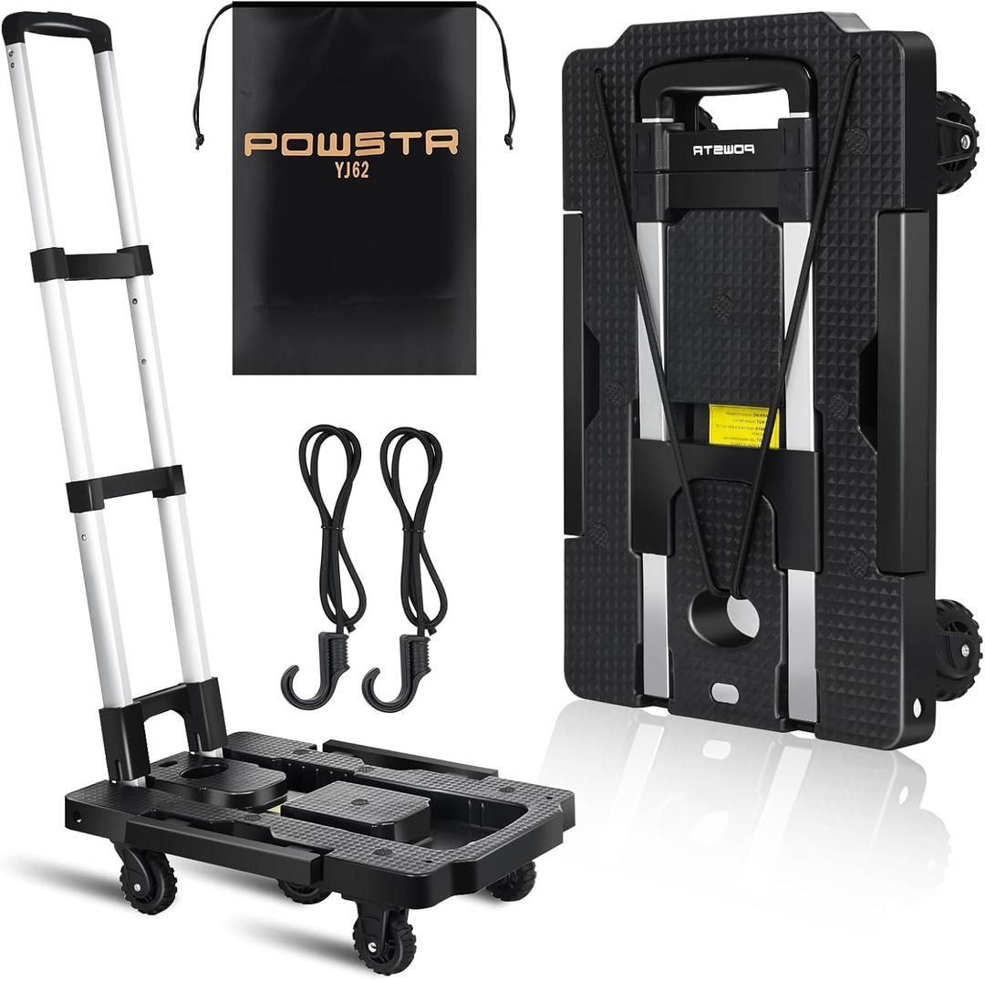POWSTR Folding Hand Truck,Moving Dolly with 5 Wheels,Lightweight Trolly Cart 2 Built-in Fixed Elastic Cords,Collapsible Dolly for Moving Travel Shopping Airport Office