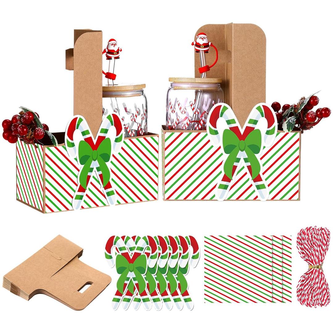 24 Set Christmas Drinks Carrier with Handle 2 Cup Candy Cane Drink Carrier Candy Cane Gift Bags with Greeting Card and Ribbon for Christmas Teacher Coworker Neighbor Thank You Gifts