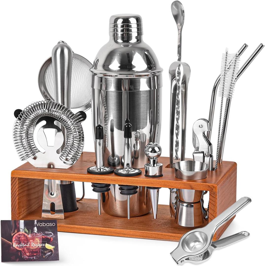 Vabaso 20-Piece Bartender Kit with Stand, Cocktail Shaker Set for Home Bar, 25oz Professional Stainless Steel Bar Tool Set with Cocktail Recipes Booklet, Christmas White Elephant Gifts for Adults Men