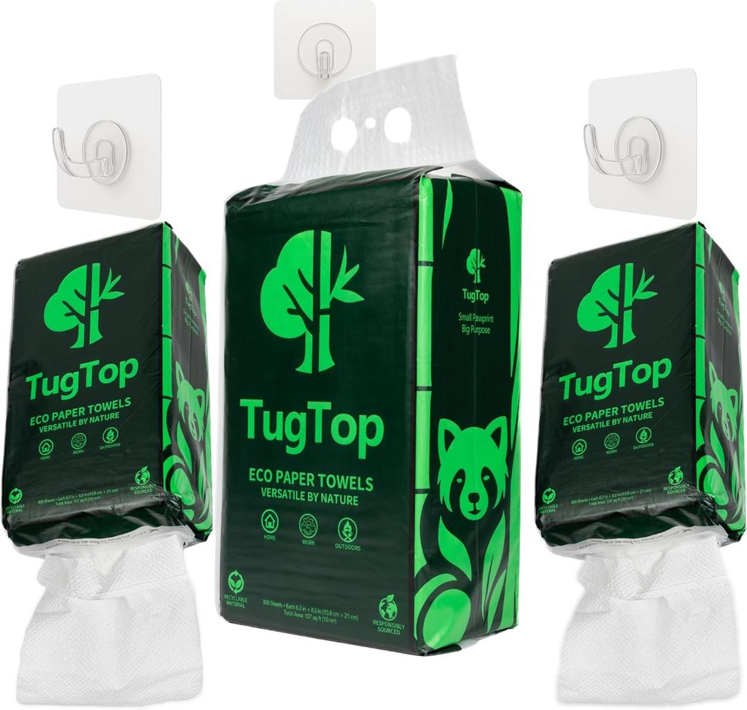 Eco Paper Towels (3 Pack, 900 Sheets + 3 Hooks) | Portable Hanging Bag Dispenser, Bamboo & Wood Blend for Car, Camping, RV, Garage, Indoors & Outdoors