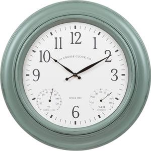 La Crosse Clock 433-3846 18 in. Indoor/Outdoor Sage Green Quartz Wall Clock with Temperature & Humidity