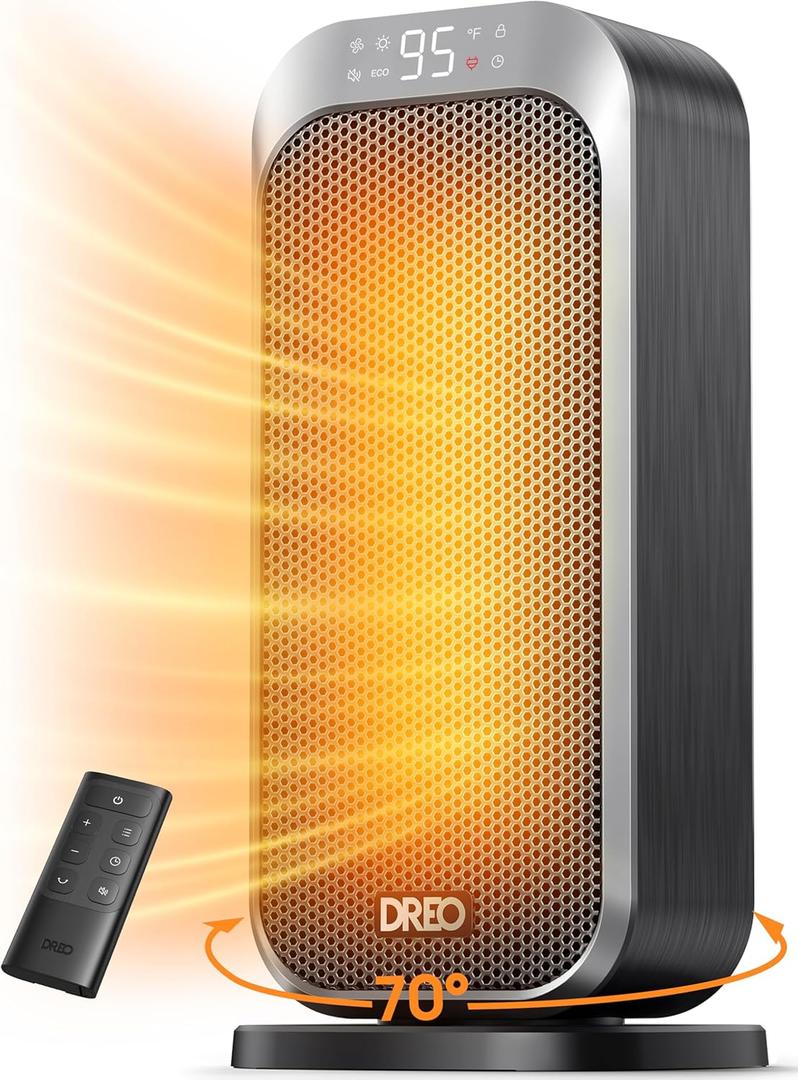 Dreo Quiet Space Heaters for Indoor Use, 1500W Electric Heater with Remote, PTC Ceramic Heater with Thermostat, 12H Timer, 70 Oscillation, Digital Display, Fast Safety Room Heater for Bedroom Office (Silver)