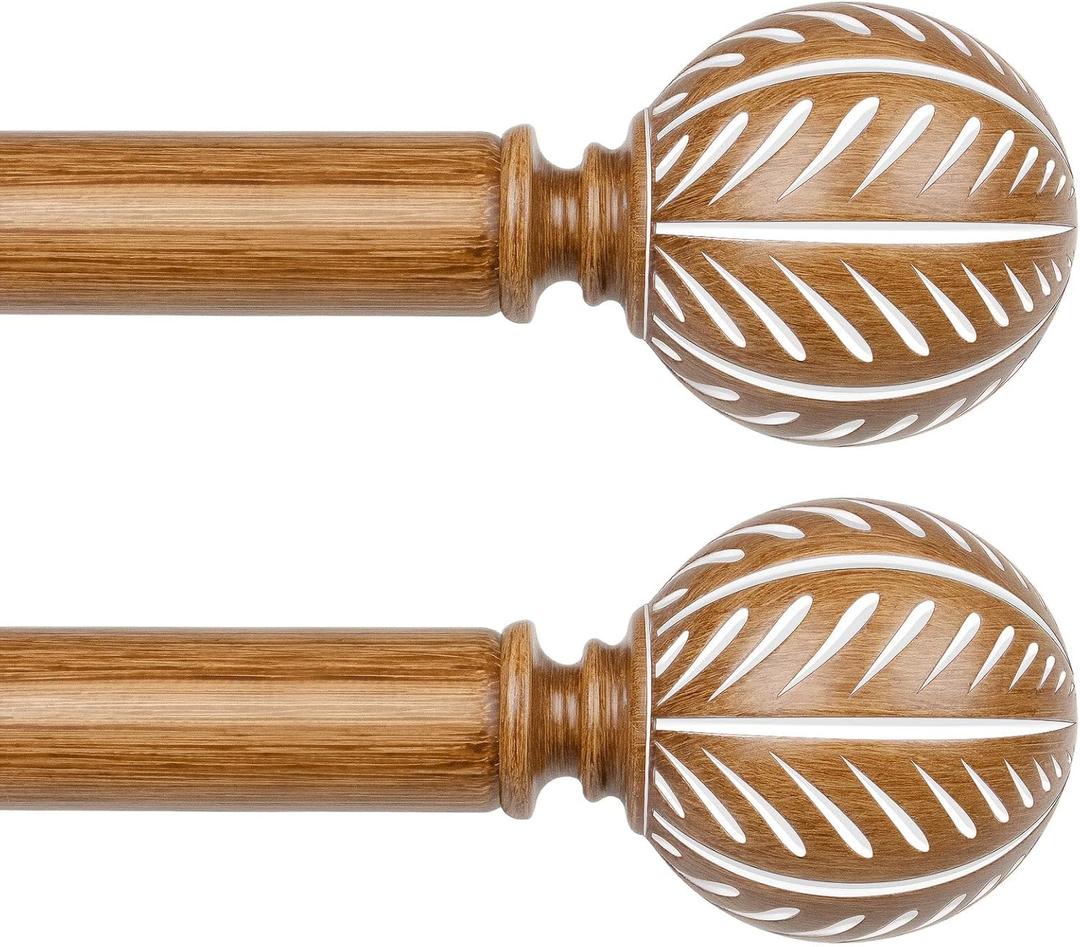 KAMANINA 2 Pack Wood Curtain Rods for Windows 48 to 84 Inch(4-7ft), 1 Inch Adjustable Drapery Rod, Decorative Heavy Duty Curtain Rods with Leaf Pattern Finials, Wood Grain