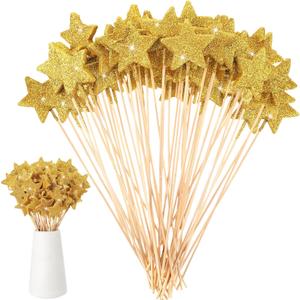 Suzile 60 Pcs Golden Star Floral Picks 8'' Glitter Table Centerpiece Decor Foam Stem Sticks for Wreath Crafts Wedding Bridal Moon Star Baby Shower Birthday Arrangement (Gold)
