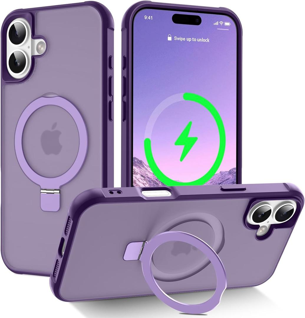 Hocase for iPhone 16 Case 6.1", with Magnetic Ring Stand [Compatible with MagSafe] [Military Grade Protection] Slim Shockproof Translucent Protective Phone Case - Purple