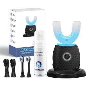 U-Shaped Toothbrush for Adults, All-in-One Foam Mousse & Ultrasonic Clean, Hands-Free with 4 Brush Heads, Blue LED Light, Advanced Charging Base (Black)