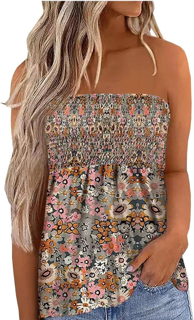 Floral Smocked Ruffled Strapless Bandeau Tank Women Summer Backless Tube Top Sleeveless Loose Holiday Shirts Blouse (Small)
