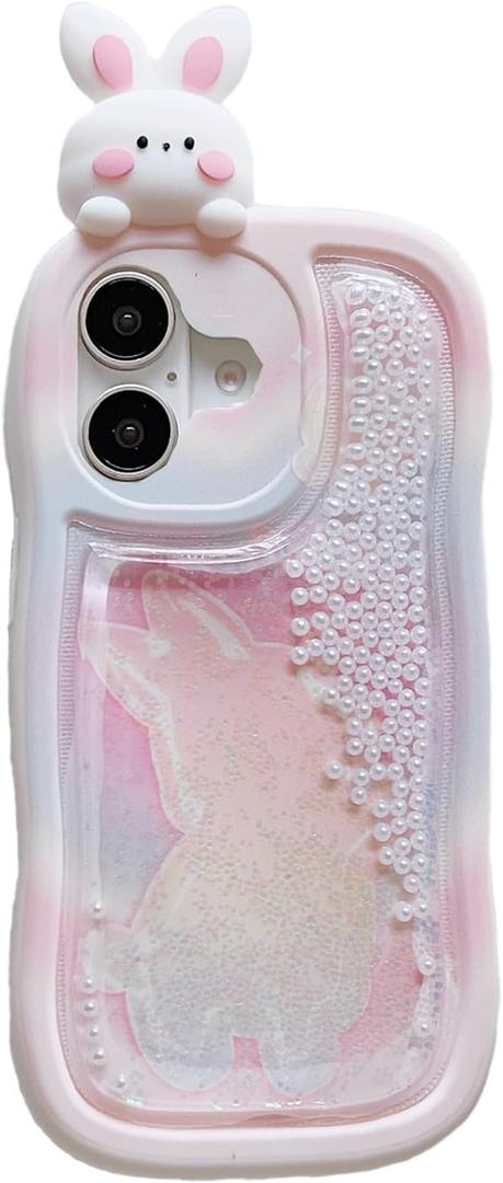 Flowing Liquid Quicksand Case for iPhone 16,Cute Kawaii Wave Frame Character Funny Rabbit Full Camera Protection Kids Girls Women TPU Case for iPhone 16 6.1 inch