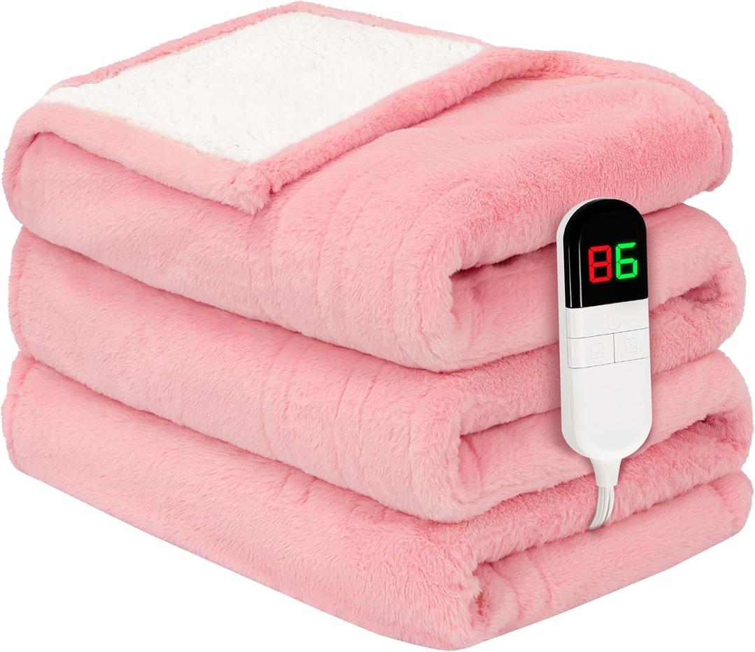 Premium Heated Throw Blanket 50"60" - Ultra Cosy Soft Electric Blanket with 8 Heating Levels,Plush Fast Heating Faux Rabbit Fur Blanket for Bed & Couch - Auto Shut Off,Machine Washable (Pink)