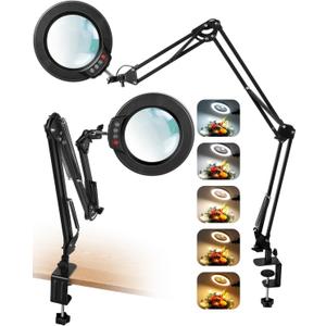 10X Magnifying Glass with Light and Clamp, Ultra Long 3 Section Swing Arm LED Desk Lamp, Real Glass Lens, 5 Color Modes Dimmable, Hands Free Lighted Magnifier with Stand for Repair Craft Close Work (Black)