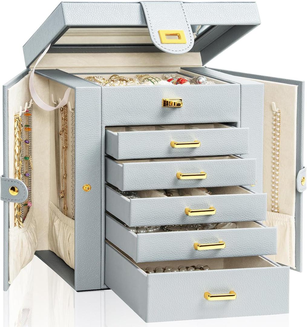 AKOZLIN Functional 6-Tier Jewelry Box Organizer with 5 Drawers Leather Jewelry Storage Case for Women Girls Ring Necklace Earring Bracelet Holder Organizer with Mirror Grey (Regular)