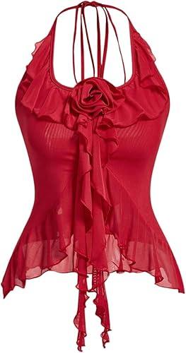 GORGLITTER Women's Fringe Flower Halter Tops Ruffle Mesh Asymmetrical Bow Sleeveless Open Back Going Out Concert Tops S