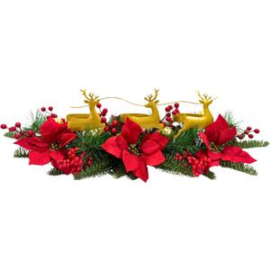 Lnymura Christmas Poinsettia Candle Holder Table Centerpiece with Metal Deer Reindeers Figurine Silhouette Red Berries and Pine Needles for Home Party Table Mantel Christmas Decorations