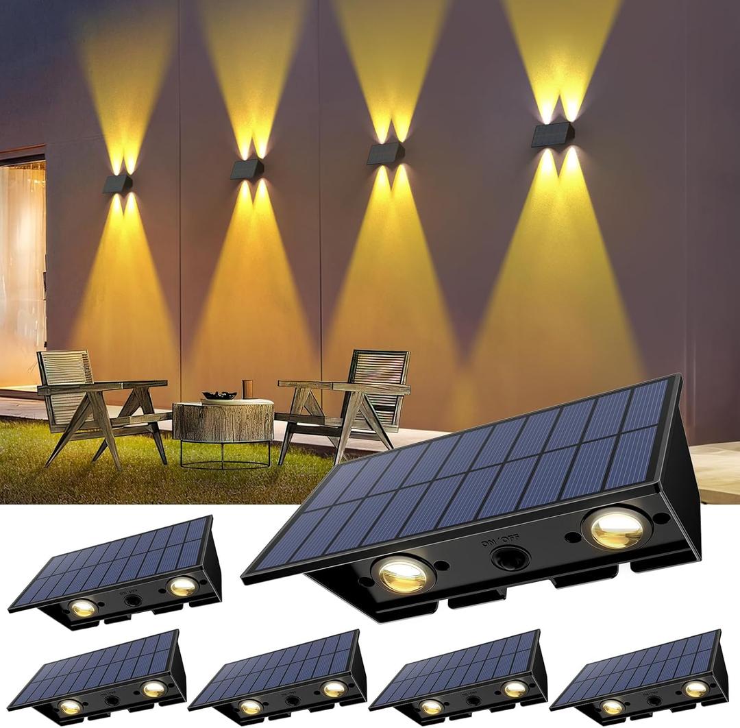 Solar Fence Lights,6Pack Warm White Up & Down Solar Wall Lights Waterproof 100 Lumens Dusk to Dawn Solar Powered Fence Light for Yard Garden Garage Pools House Deck Porch