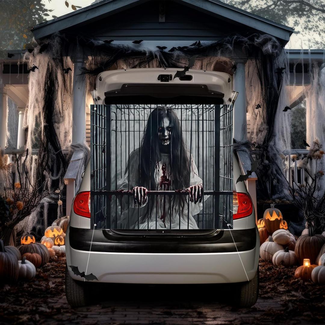 Halloween Trunk or Treat Car Decorations Kit Female Ghost Backdrop Banners Car Archway Garage Window Exterior Trunk or Treat Decor for Cars, SUV, Halloween Party Outdoor Supplies