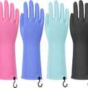 4 Pairs Rubber Dishwashing Gloves with Hanging Hooks - Reusable Cleaning Gloves for Kitchen & Household, Non-Slip, Durable and Flexible (Medium, 4 Colors) (Blue+pink+purple+black)
