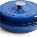 3 Quart Enameled Cast Iron Braiser, Non Stick Enameled Cast Iron Skillet with Lid, Dutch Oven Skillet with lid up to 500F for Oven, Stove, Grill, Shallow Dutch Oven for Cook, Bake (Blue)