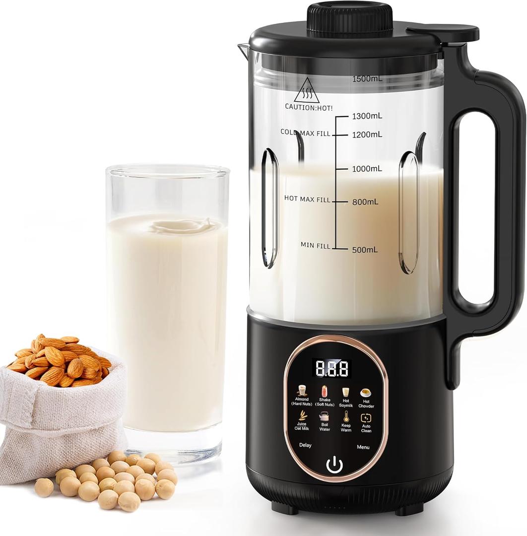 50oz Nut Milk Maker Machine, 10 in 1 Automatic Plant-Based Milk Maker for Homemade Oat, Coconut, Chowder, Juice, Soy Milk with 20 Blades, Delay Start, Boil Water, Keep Warm & Auto Clean