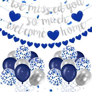 Navy Blue Silver Welcome Home Decorations We Missed You So Much Banner Glitter Garland and Balloons Family Housewarming Party Supplies Military Army Welcome Back Party Decor