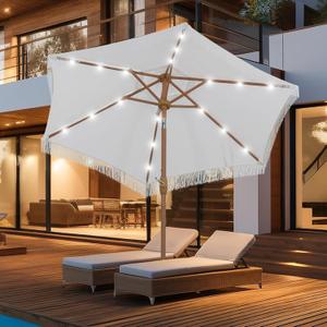  7.5 ft Fringe Patio Umbrella, Stylish Tassel Umbrella with 18 LED Solar Lights for Outdoor Shade and Illumination,White