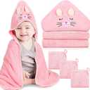 Sublaga 4 PCS Hooded Baby Towels, Absorbent Baby Bath Towel, Soft Baby Towels and 3 PCS Baby Washcloths for Newborns, Toddlers, and Kids, 32x32 in Baby Towel with Hood for Boy and Girl (Pink Kittens)