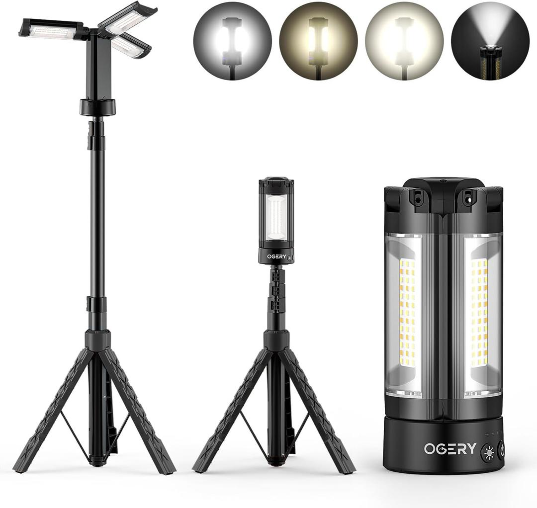 OGERY Rechargeable 10000mAh Camping Light with Stand 6.5 ft Max Height, Cordless Work Light with 3 LED Lamp Heads, 2200 Lumens Camping Essentials Gear Emergency Flashlight with Detachable Tripod (Black)