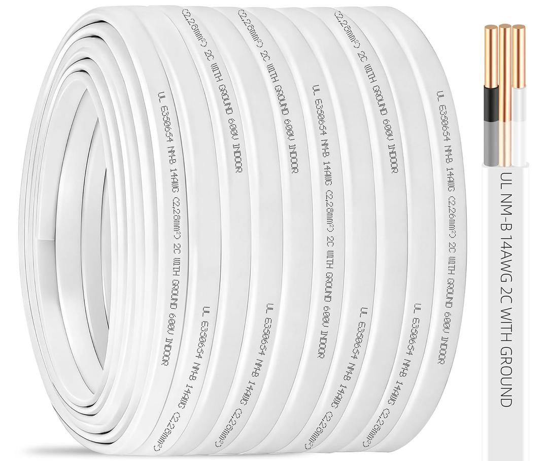 NM-B 14/2 Wire with Ground,250FT 14 Gauge 2 Conductors Electrical Wire 14 AWG Copper Solid Indoor NMB Cable,14/2 with Ground Non-Metallic Sheathed Cable Residential Wiring for Switch,Outlet,Lighting