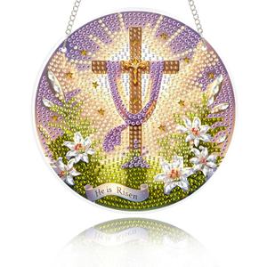 Eiflow Glass Diamond Art Kit Hanging Ornament, DIY Stained Glass Diamonds Painting Hanging Board Kit, Crystal Diamond Art Painting Pendant Full Drill (Religious Cross)