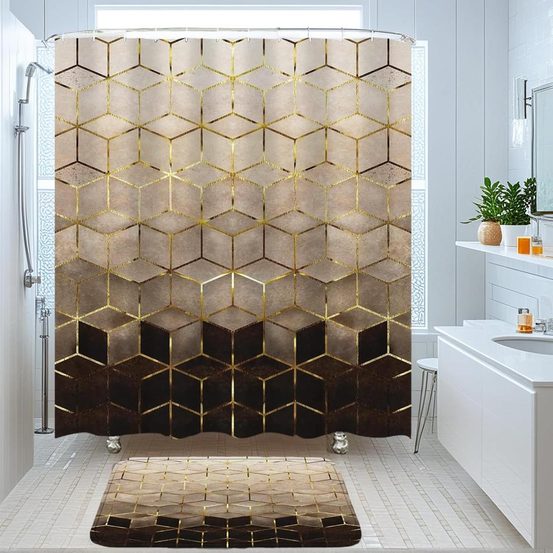 4PCS Bathroom Shower Curtain Sets, Bathroom Curtains Shower Set Include Waterproof Shower Curtain Non-Slip Rug Toilet Lid Cover Bath Mat and 12 Hooks (Grayish Brown)