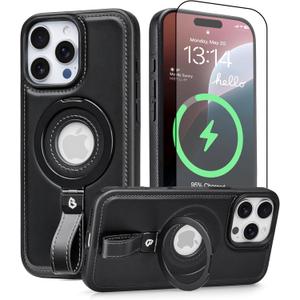 for iPhone 14 Pro Leather Case with Stand, Anti-Slip Grip Ring, Fits for MagSafe (Black, IP14 Pro-6.1inch)