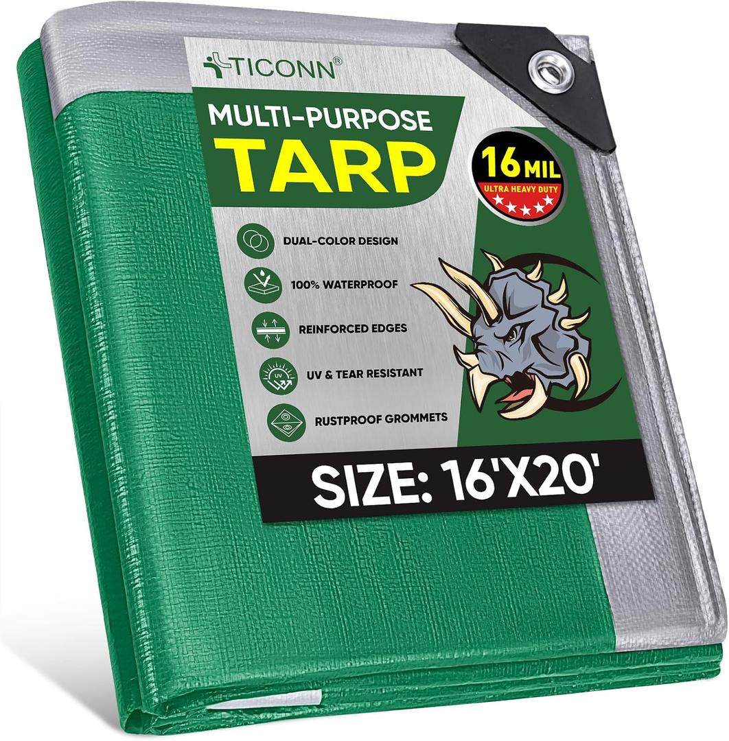TICONN Heavy Duty Tarp Cover, Extra Thick Tarps Waterproof Tear and Rip Proof UV Resistant Tarpaulin with Reinforced Grommets and Edges (16 Mil, 16'x20')