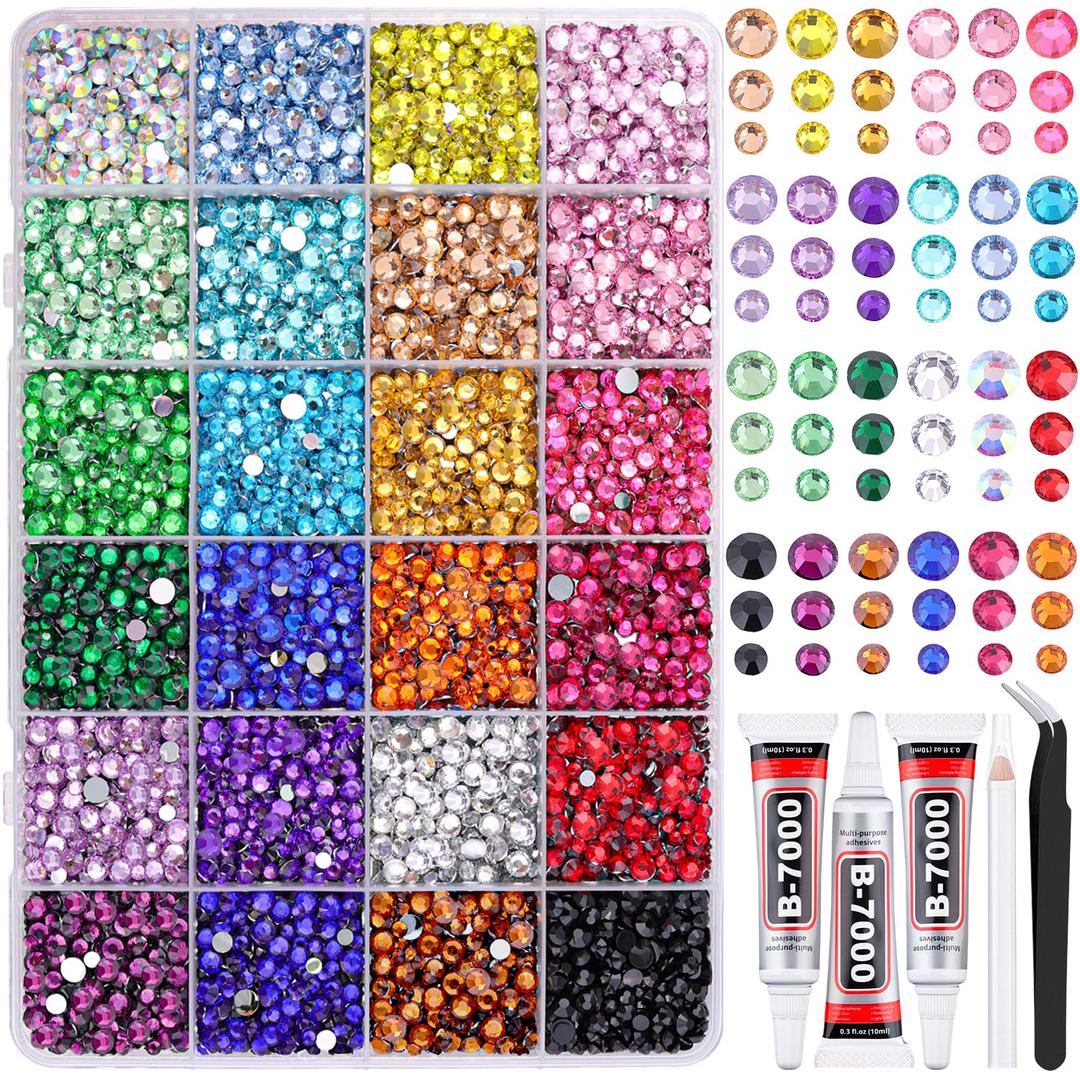 Resin Rhinestones for Bedazzling with Tweezers, 12000Pcs Multicolor 3/4/5mm Rhinestones for Crafting with 3Pcs 10ml B7000 Jewelry Glue for DIY Crafts Clothing Tumblers Shoes Fabric Nail Art
