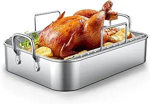 17x13in Stainless Steel Turkey Roaster with Racks - Non-toxic, Heavy Duty, For Roasting Turkey, Chicken, Meat, Lasagna