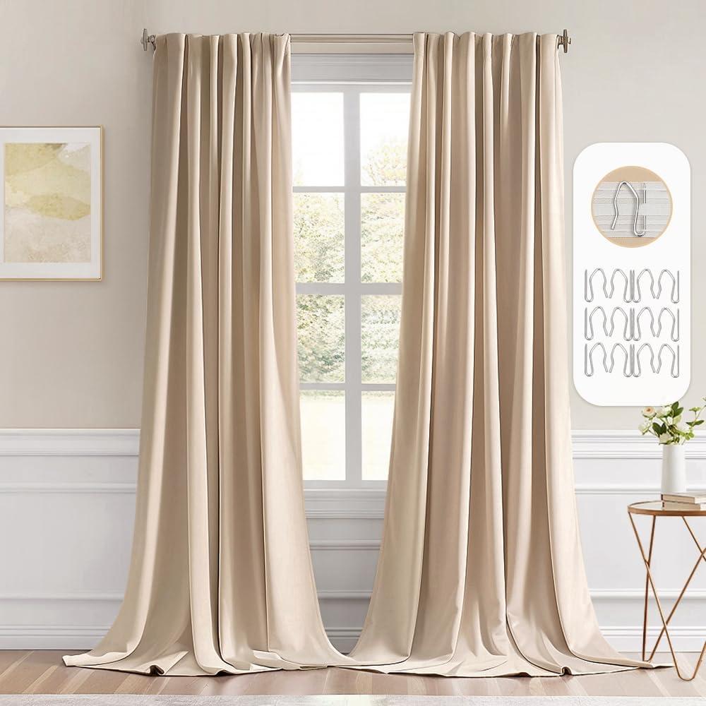 MIULEE Back Tab Beige Curtains 102 Inch Long 2 Panels Set for Living Room Bedroom, Cream Rod Pocket/Pinch Pleated Light Blocking Thermal Insulated Room Darkening Floor to Ceiling Blackout Drapes, Cream Beige