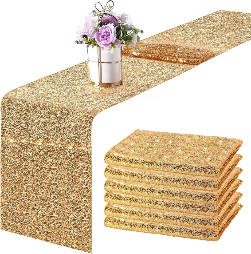 Tegeme 6 Pieces 12 x 108 Inches Sequin Table Runners Glitter Sequin Runner Rectangular Table Runner Cloth for Christmas New Year Birthday Wedding Holiday Party Decorations(Champagne Gold)