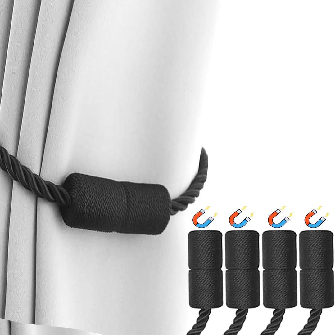 2 x 4 Pack Black Magnetic Curtain Tiebacks - Decorative Holdbacks for Wall Drapes, Curtains, Home & Outdoor Use - Elegant Curtain Pull Backs Rope Holders
