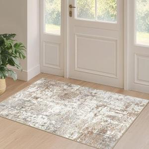 2x4 Rug Washable Runner Rug: Small Abstract Modern Non-Slip Soft Accent Doormat Stain Resistant Floor Throw Mat for Entryway Kitchen Bedroom Nursery Entry Dorm- Brown